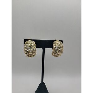Gold Tone Rhinestone Dome Clip On Earrings Pave Crystal Cluster‎ Vintage Glam
